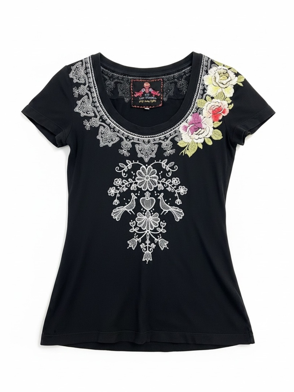Johnny Was Floral Embroidered Short Sleeve Scoop Neck T-Shirt Black Size Small